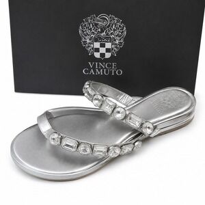 Silver Metallic Crystal Embellished Toe Ring Slide Sandals NIB